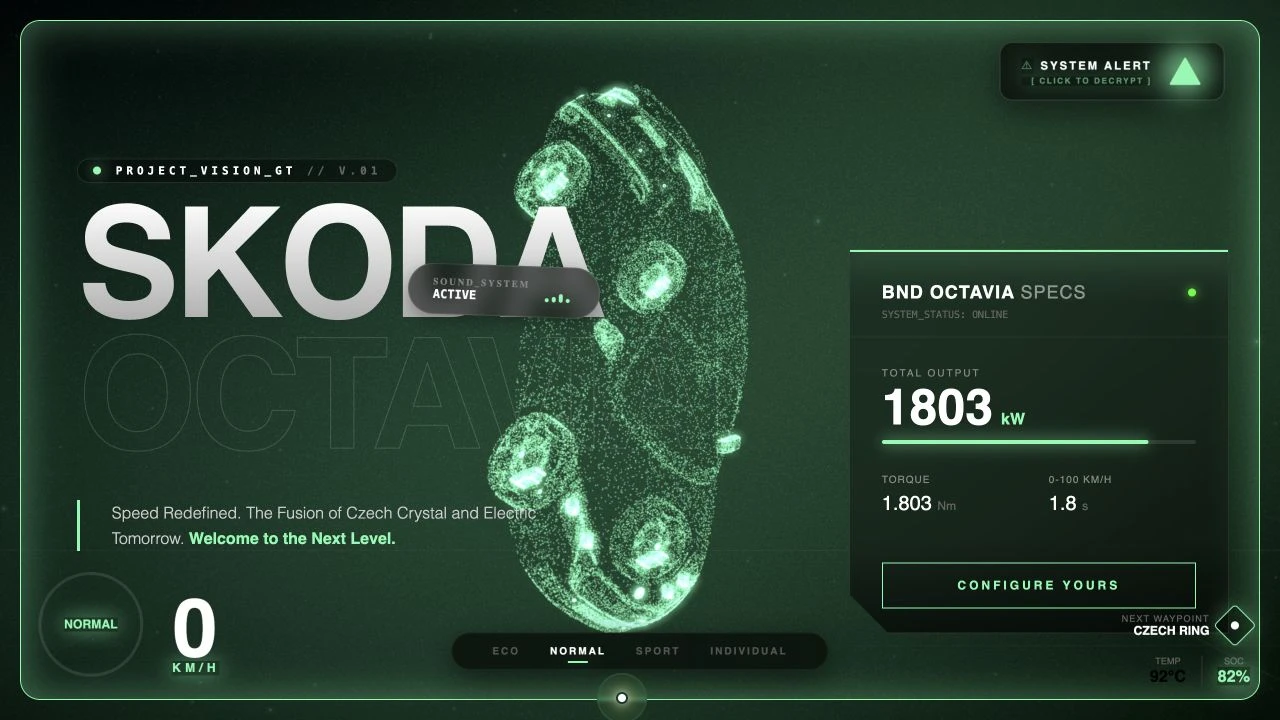 Úvod Škoda Vision s částicovým modelem auta a zeleným rozhraním